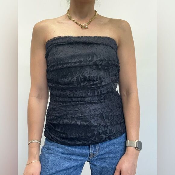 Vintage 80’s Black Lace Strapless Ruched Gathered Corset Top Size S - Picture 3 of 7